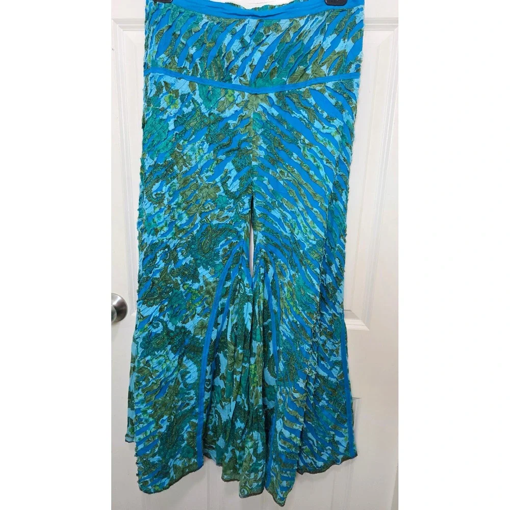 Unbranded Paisley Floral Wide Leg Pants Womens XL Teal Blue Green Boho Hippie